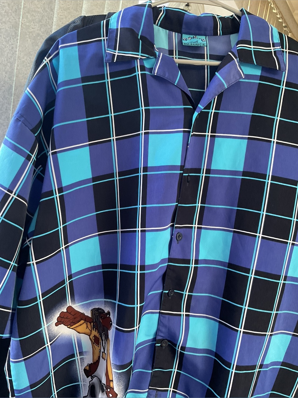 Seals Men's Blue Plaid Button-Up Shirt with Graphic Detail